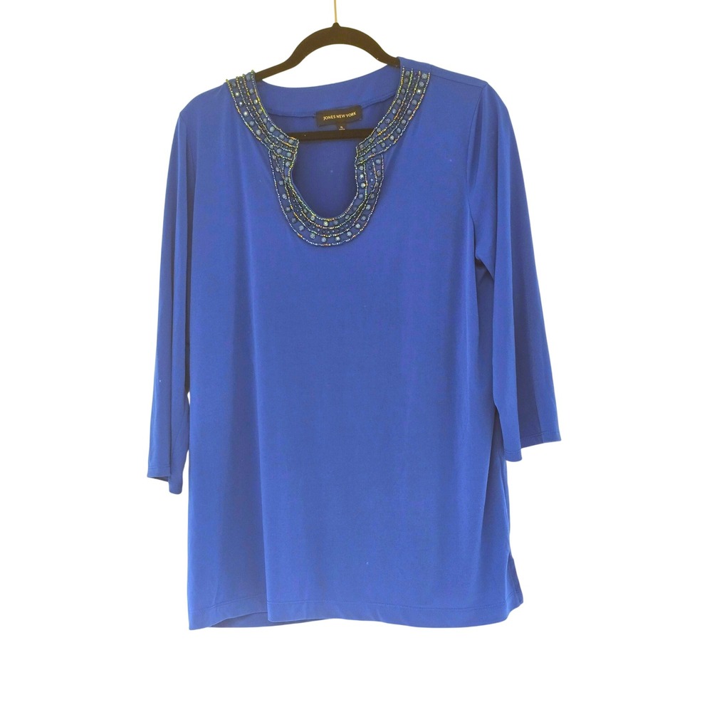 Jones New York Royal Blue Beaded Keyhole Tunic Top XL 3/4 Sleeve Stretch Jersey